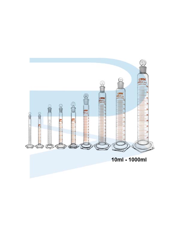 Group_G0857_G1875_G0858_G0859_G0860_G0861_G0862_G0863_Measuring-Cylinder-Hexbase-Stopper-HmbG Measuring Cylinder w/Glass stopper, Amber Scale, Hexagonal Base, HmbG