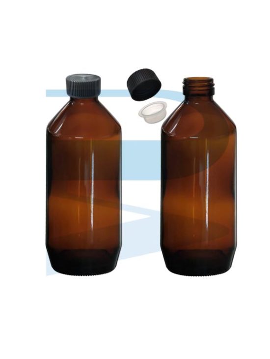 Bottle Narrow Neck, Amber Glass, Round, w/Black Screwcap & Insert