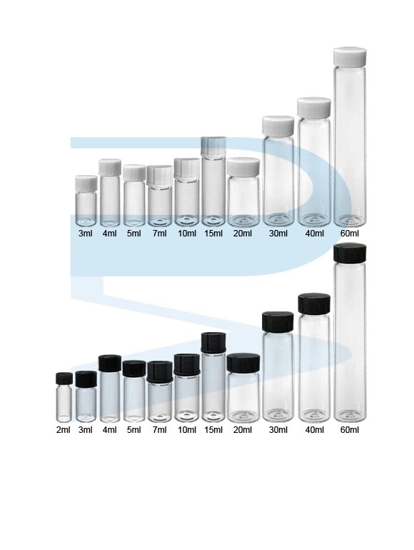 Specimen Vial Clear, w/ White/Black/Blue PP cap, HmbG