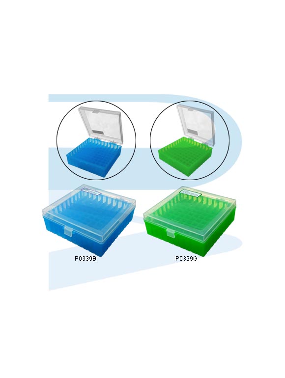 Group_P0339B_P0339G_Rack-Cryovial-Tubes-2ml-100-places-jointed-Cover-PP Cryovial Tube Rack 2ml, 100 places, Available in blue & green colour, PP
